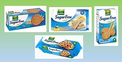 Sugar Free Cookie Biscuits Selection 4 Boxes Shortbread, Digestives, Vanilla Wafers and Chocolate chip Cookies. Gullon …