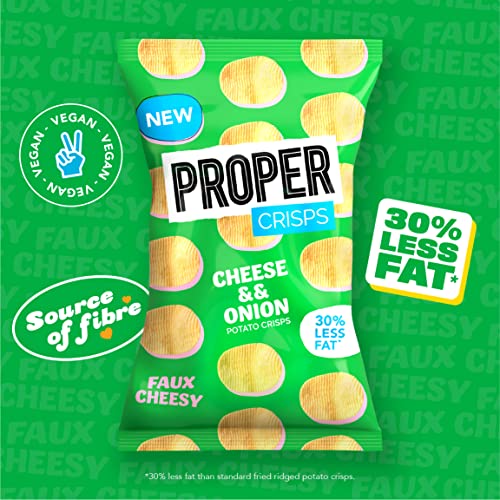 PROPERCRISPS - Cheese & Onion Flavour Ridged Potato Crisps, 100g x 8 Packs, 30% Less Fat, Vegan, Gluten Free