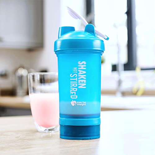 Shake That Weight 450ml Protein Shaker - Blue - With Storage Attachment For Protein and Diet Shake Powder, Wire Ball Mixer, Bag Attachment Loop
