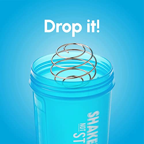 Shake That Weight 450ml Protein Shaker - Blue - With Storage Attachment For Protein and Diet Shake Powder, Wire Ball Mixer, Bag Attachment Loop