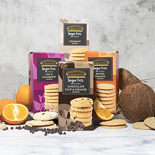 Farmhouse Biscuits Sugar Free Cookies Collection - Chocolate Chip & Orange Cookies, Coconut Cookies, Oat & Cranberry and Spiced Orange Cookies