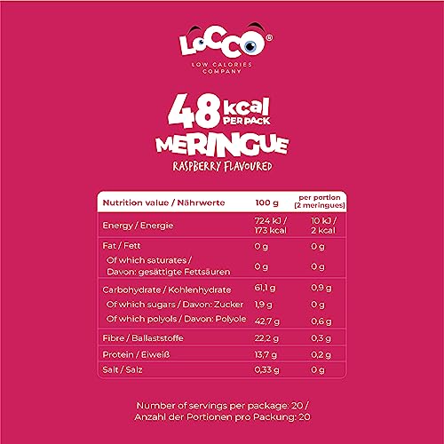 LOCCO Low Calorie Meringues | CA. 1,5 kcal Per Meringue | Low Calorie High Protein Snack | No Added Sugar | No Palm Oil & Fat Free | Raspberry Flavour