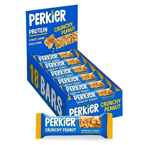 Perkier Crunchy Peanut Snack Bars (18 Pack) – Vegan – Gluten Free – Protein – High Fibre – Lower Sugar - Natural Ingredients – Lower Calorie – Healthy – No Palm Oil