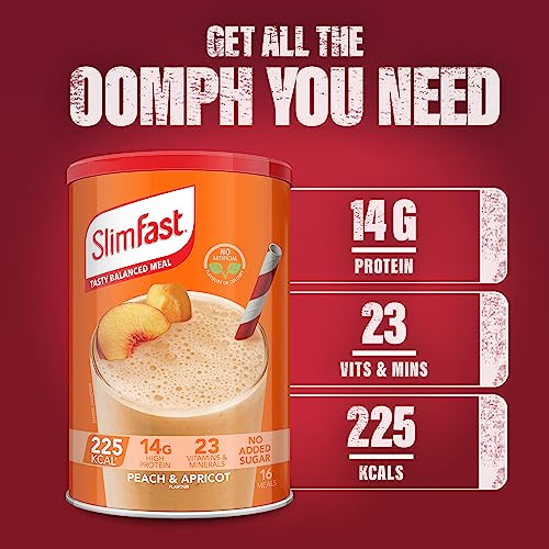 SlimFast Tasty Balanced Meal Shake, Healthy Shake for Balanced Diet Plan with Vitamins and Minerals, High in Protein, Meal Replacement, Peach & Apricot Flavour, 16 Servings, 584 g, Packaging May Vary