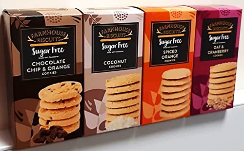 Farmhouse Biscuits Sugar Free Cookies Collection - Chocolate Chip & Orange Cookies, Coconut Cookies, Oat & Cranberry and Spiced Orange Cookies
