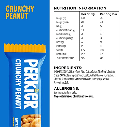 Perkier Crunchy Peanut Snack Bars (18 Pack) – Vegan – Gluten Free – Protein – High Fibre – Lower Sugar - Natural Ingredients – Lower Calorie – Healthy – No Palm Oil