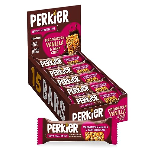Perkier Madagascan Vanilla & Dark Chocolate Snack Bars (15 Pack) – Vegan – Gluten Free – Protein – High Fibre – Lower Sugar - Natural Ingredients – Lower Calorie – Healthy – No Palm Oil