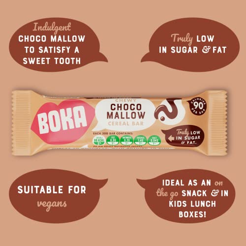 Boka Food Chewy Choco Mallow Cereal Bars 24 x 30g Bars, Low Calorie Healthy Snack, Vegan Cereal Bars, Low Sugar, Low Fat & High Fibre Breakfast Bars - Great for Kids & Adults