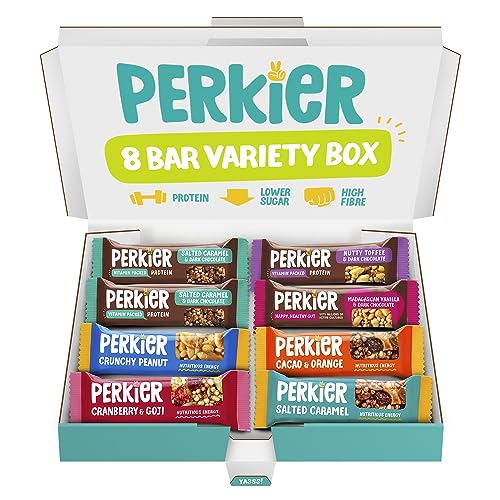 Perkier Variety Box Snack Bars (8 Pack) – Vegan – Gluten Free – Protein – High Fibre – Lower Sugar - Natural Ingredients – Lower Calorie – Healthy – No Palm Oil