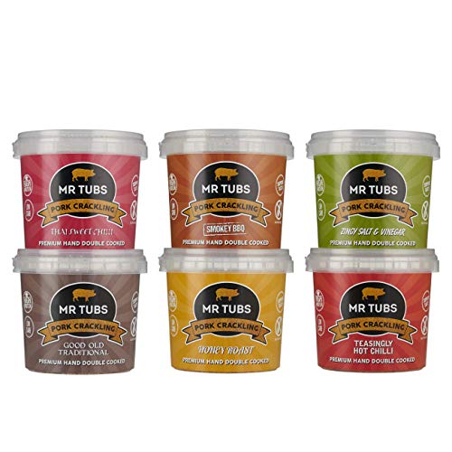 Mr Tubs Pork Crackling (6 Tub Pack) - Mixed Flavours of Premium, Double Hand Cooked, Crackling - Ideal Gluten Free, Low Carb, Keto & Paleo Friendly Meat Rind Pork Scratchings Snack (6 x 55g Tubs)