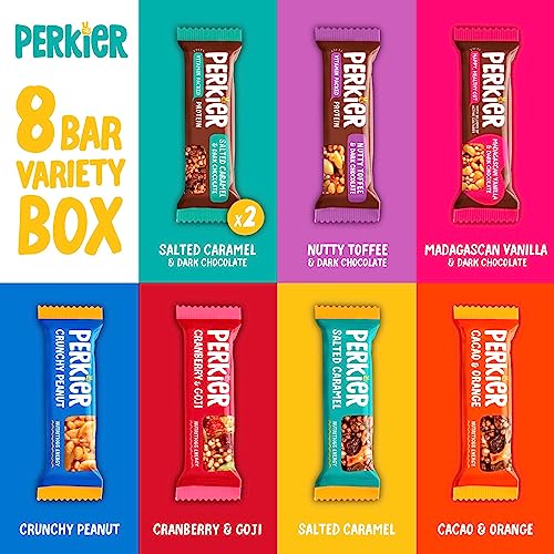 Perkier Variety Box Snack Bars (8 Pack) – Vegan – Gluten Free – Protein – High Fibre – Lower Sugar - Natural Ingredients – Lower Calorie – Healthy – No Palm Oil