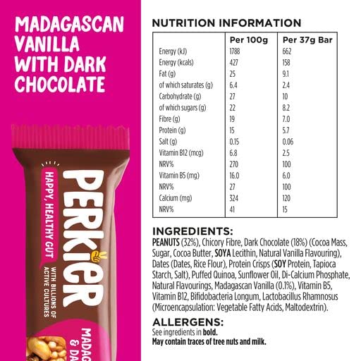 Perkier Madagascan Vanilla & Dark Chocolate Snack Bars (15 Pack) – Vegan – Gluten Free – Protein – High Fibre – Lower Sugar - Natural Ingredients – Lower Calorie – Healthy – No Palm Oil