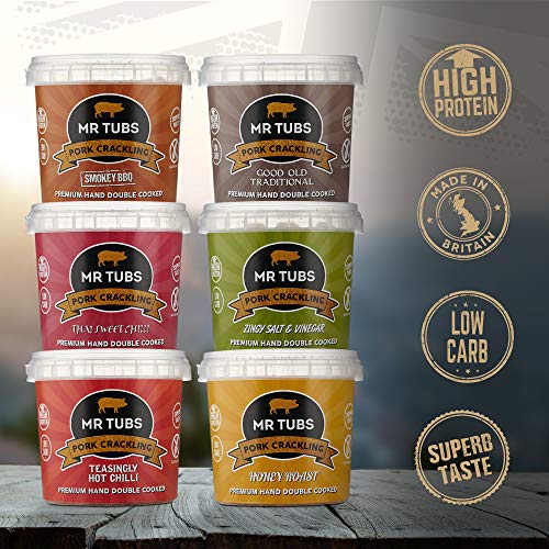 Mr Tubs Pork Crackling (6 Tub Pack) - Mixed Flavours of Premium, Double Hand Cooked, Crackling - Ideal Gluten Free, Low Carb, Keto & Paleo Friendly Meat Rind Pork Scratchings Snack (6 x 55g Tubs)