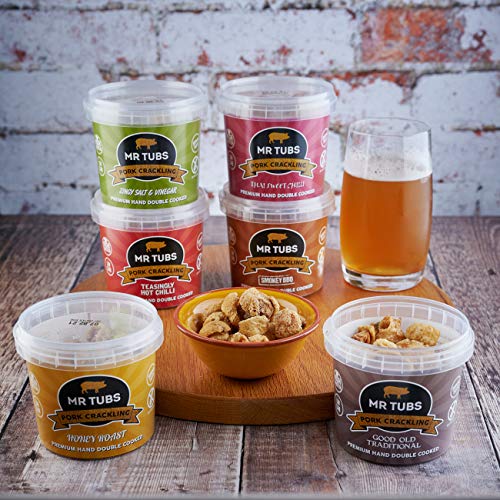 Mr Tubs Pork Crackling (6 Tub Pack) - Mixed Flavours of Premium, Double Hand Cooked, Crackling - Ideal Gluten Free, Low Carb, Keto & Paleo Friendly Meat Rind Pork Scratchings Snack (6 x 55g Tubs)