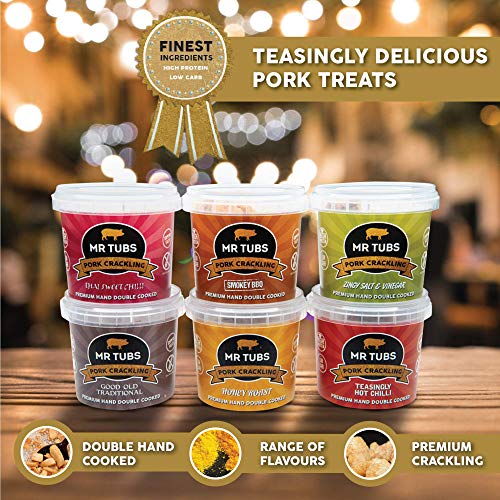 Mr Tubs Pork Crackling (6 Tub Pack) - Mixed Flavours of Premium, Double Hand Cooked, Crackling - Ideal Gluten Free, Low Carb, Keto & Paleo Friendly Meat Rind Pork Scratchings Snack (6 x 55g Tubs)