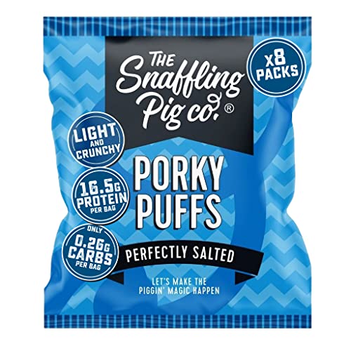 Snaffling Pig Perfectly Salted Pork Puffs, Low Carb High Protein Keto Savoury Snack (8 x 25g Packets)