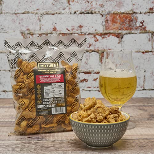 Mr Tubs Pork Crackling (250g Bag) - Gourmet Crackling, not Scratchings - Range of Flavours - Gluten Free, High Protein, Low Carb, Keto Friendly Pork Rind Meat Gift Snack - Teasingly Hot Chilli