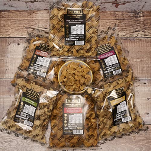 Mr Tubs Pork Crackling (250g Bag) - Gourmet Crackling, not Scratchings - Range of Flavours - Gluten Free, High Protein, Low Carb, Keto Friendly Pork Rind Meat Gift Snack - Teasingly Hot Chilli