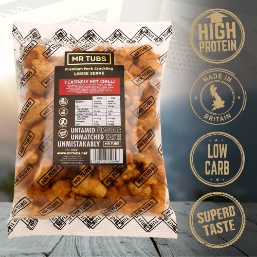 Mr Tubs Pork Crackling (250g Bag) - Gourmet Crackling, not Scratchings - Range of Flavours - Gluten Free, High Protein, Low Carb, Keto Friendly Pork Rind Meat Gift Snack - Teasingly Hot Chilli