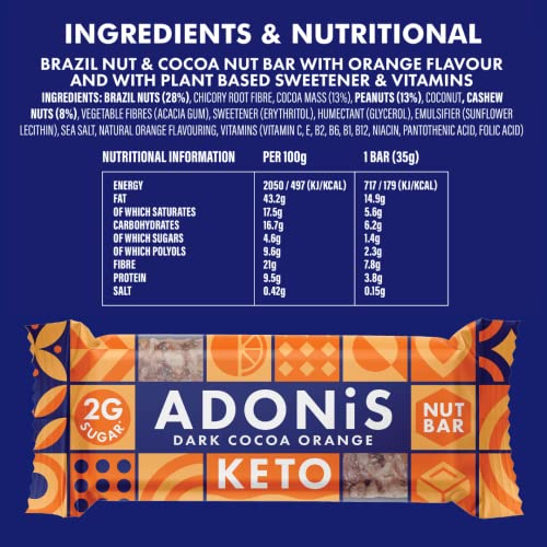 Adonis Chocolate Orange Keto Bars (16 x 35g) | Vegan & Keto-Friendly | 100% Natural Keto Snacks | Gluten Free, Sugar Free, Palm Oil Free | Low Sugar, Low Calorie, Low Carb | Ideal for a Keto Diet
