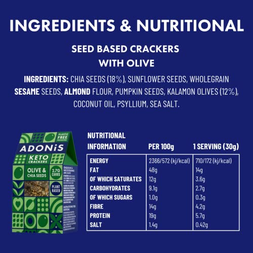 Adonis Olive & Chia Seeds Keto Crackers (10 x 60g) | Vegan & Keto-Friendly | 100% Natural Keto Snacks | Sugar Free, Palm Oil Free | Low Carb Keto Crackers for Weight Loss | Ideal for a Keto Diet