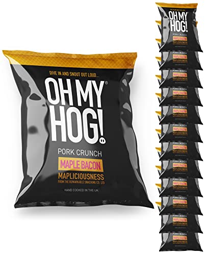 OH MY HOG!® Pork Crunch Maple Bacon Flavour, 12 x **30g** Packs Per Box, High Protein, Low Carb, Keto-Friendly, Gluten-Free, Crispy, Savoury Snack, Party Snack