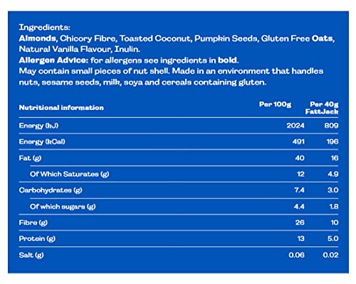Fatt Almond & Coconut FattJacks - 9 x 40g Keto Bars - 100% Natural - 3g Carbs - Zero Sweeteners - Prebiotic Fibre - Ketogenic Breakfast - Low Carb Flapjack Keto Snack Breakfast Bar - FattBar