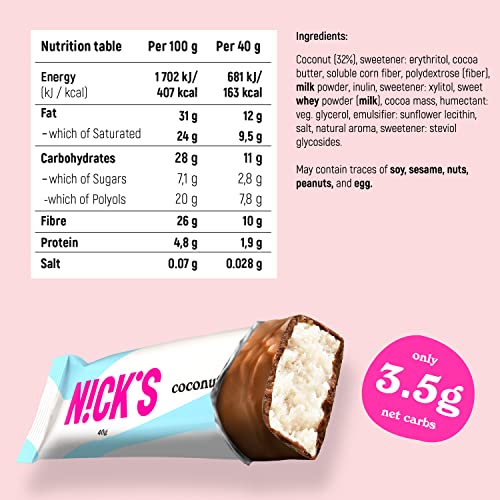 NICKS Coconut Keto Chocolate Bars No Added Sugar 163 Calories, 3.5 Net carbs, Gluten Free Sweets Low carb Candy Snack Bar (Multipack 15x40g)