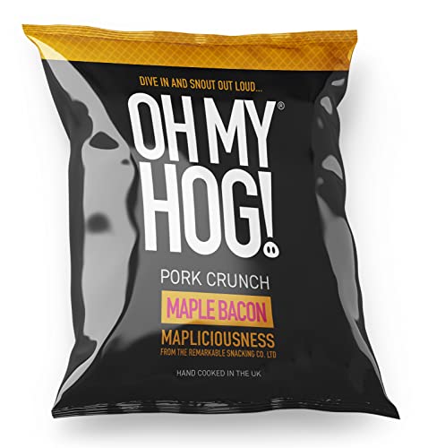 OH MY HOG!® Pork Crunch Maple Bacon Flavour, 12 x **30g** Packs Per Box, High Protein, Low Carb, Keto-Friendly, Gluten-Free, Crispy, Savoury Snack, Party Snack