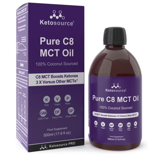 Ketosource Pure C8 MCT Oil | Boosts Ketones 4X Versus Other MCTs | Highest 99%+ Purity | 100% Coconut Sourced | Supports Keto & Fasting | Vegan Safe & Gluten Free | Premium Lab Tested Purity | 500ml