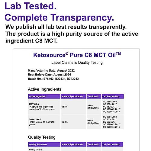 Ketosource Pure C8 MCT Oil | Boosts Ketones 4X Versus Other MCTs | Highest 99%+ Purity | 100% Coconut Sourced | Supports Keto & Fasting | Vegan Safe & Gluten Free | Premium Lab Tested Purity | 500ml