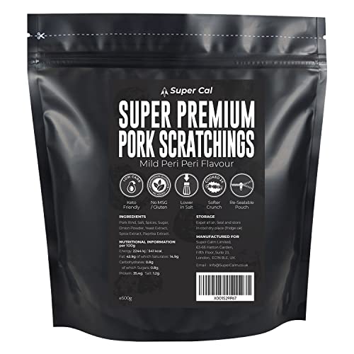 Super Cal Premium Pork Scratchings Pub Snacks 500g Peri Peri Flav. | No MSG - Low Carb Pork Crackling | Softer Pork Crunch | Keto High Protein Gluten Free Snacks | Re-Sealable Pouch