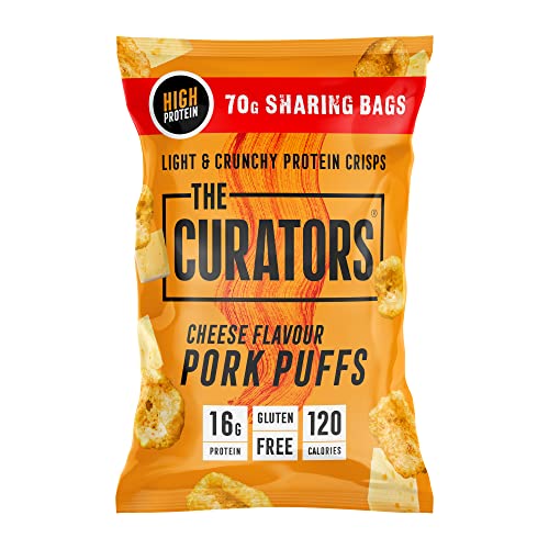 THE CURATORS Pork Puffs, Cheese, 70g Sharing Bag (8 Packs) High Protein Crisp Low Carb Keto Gluten Free Savoury Snack