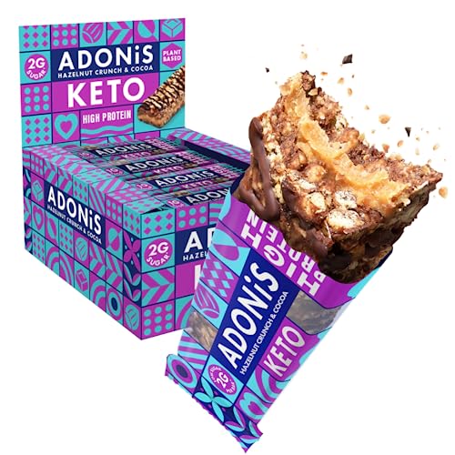 Adonis Hazelnut Crunch & Cocoa High Protein Keto Bars (16x45g) | Vegan & Keto-Friendly | 100% Natural Keto Snacks | Sugar Free, Palm Oil Free, Dairy Free | Low Sugar & Low Carb | Ideal for a Keto Diet