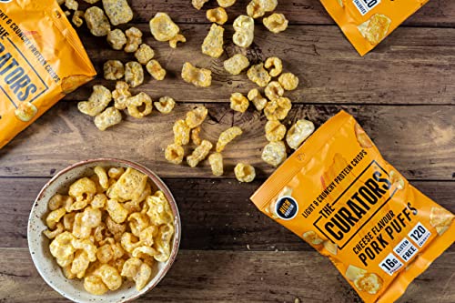 THE CURATORS Pork Puffs, Cheese, 70g Sharing Bag (8 Packs) High Protein Crisp Low Carb Keto Gluten Free Savoury Snack