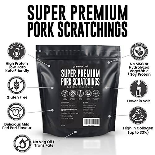 Super Cal Premium Pork Scratchings Pub Snacks 500g Peri Peri Flav. | No MSG - Low Carb Pork Crackling | Softer Pork Crunch | Keto High Protein Gluten Free Snacks | Re-Sealable Pouch