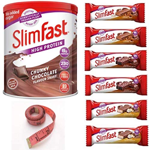 Slim Fast Meal Replacement Chunky Chocolate Powder Shake 438 G, and 2 of Each 95 Calories Snack Bars with AETN Measuring Tape