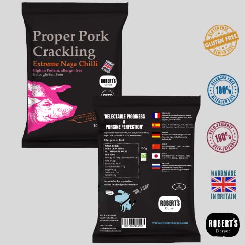 SCT Proper Pork Crackling - Available Different Flavors - Keto, Gluten & Allergen Free, Low Carb, High Protein - Handmade in Britain With Family Recipe (Extreme Naga Chilli, 100g Bag)