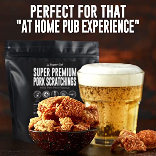 Super Cal Premium Pork Scratchings Pub Snacks 500g Peri Peri Flav. | No MSG - Low Carb Pork Crackling | Softer Pork Crunch | Keto High Protein Gluten Free Snacks | Re-Sealable Pouch
