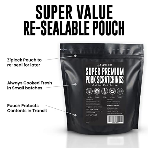 Super Cal Premium Pork Scratchings Pub Snacks 500g Peri Peri Flav. | No MSG - Low Carb Pork Crackling | Softer Pork Crunch | Keto High Protein Gluten Free Snacks | Re-Sealable Pouch