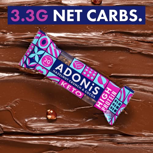 Adonis Hazelnut Crunch & Cocoa High Protein Keto Bars (16x45g) | Vegan & Keto-Friendly | 100% Natural Keto Snacks | Sugar Free, Palm Oil Free, Dairy Free | Low Sugar & Low Carb | Ideal for a Keto Diet
