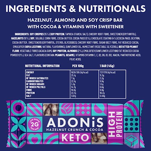 Adonis Hazelnut Crunch & Cocoa High Protein Keto Bars (16x45g) | Vegan & Keto-Friendly | 100% Natural Keto Snacks | Sugar Free, Palm Oil Free, Dairy Free | Low Sugar & Low Carb | Ideal for a Keto Diet