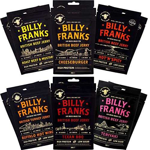 Billy Franks Gluten Free Beef Jerky - High Protein - Healthy Keto Snack - Biltong - Variety Pack - 12 Packs x 30g