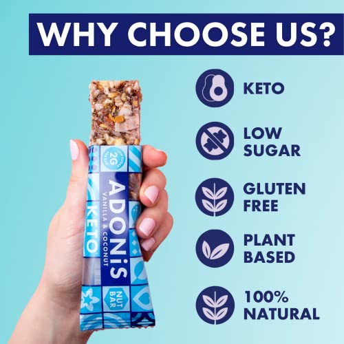 Adonis Vanilla & Coconut Keto Bars (16 x 35g) | Vegan/Keto-Friendly | 100% Natural Keto Snacks | Gluten Free, Sugar Free, Palm Oil Free | Low Sugar, Low Calorie & Low Carb | Ideal for a Keto Diet