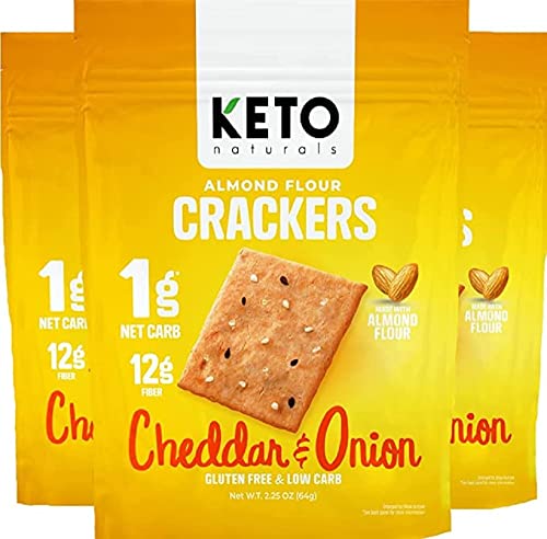 Keto Crackers (Cheddar & Onion), Low carb Crackers, Keto Snacks, Low carb Snack. No Added Sugar, high Fibre & Gluten Free (3 x 64g Packs). Almond Flour Crackers, Keto Snacks no Carbs no Sugar, Paleo