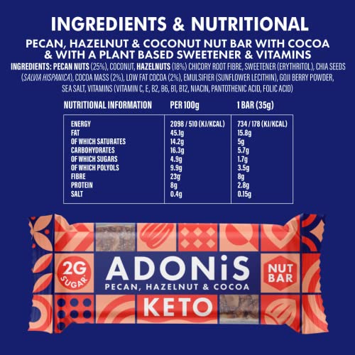 Adonis Pecan, Hazelnut & Cocoa Keto Bars (16x35g) | Vegan/Keto-Friendly | 100% Natural Keto Snacks | Gluten Free/Sugar Free/Palm Oil Free | Low Sugar, Low Calorie & Low Carb | Ideal for a Keto Diet