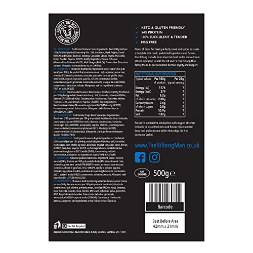 The Biltong Man | Tasty Traditional Droëwors Sticks | High Protein Beef Snack | Keto-friendly South African Dried Beef Sausage, 1 Kilogram (2 x 500 Gram Packs)