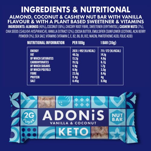 Adonis Vanilla & Coconut Keto Bars (16 x 35g) | Vegan/Keto-Friendly | 100% Natural Keto Snacks | Gluten Free, Sugar Free, Palm Oil Free | Low Sugar, Low Calorie & Low Carb | Ideal for a Keto Diet