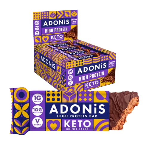 ADONiS Double Chocolate Crisp Keto High Protein Bars (16x45g) | Vegan and Keto-Friendly | Natural Keto Snacks | Sugar Free | Low Sugar, Low Carb Snack, Low Calorie | Ideal for a Ketogenic Diet
