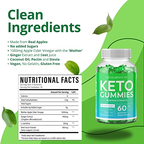 Recalibrate Me Keto Gummies Weight Loss Support - Healthy Keto Snacks Apple Flavour 60 Gummies - Low Calorie Snacks - No Added Sugars - Vegan and Gluten Free